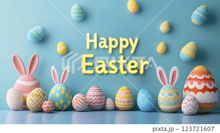 A colorful scene featuring Easter eggs with various patterns, including stripes, polka dots, and zigzags. The background is a soft blue with the text Happy Easter in bright yellow. 123721607