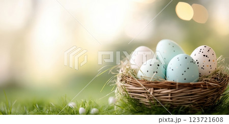 A close-up of Easter eggs in a nest made of straw, resting on lush green grass. The eggs are light blue and white with speckled patterns. The background has a soft bokeh effect. 123721608