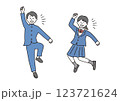 ガッツポーズでジャンプをする学生の男女 123721624