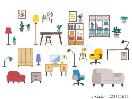 さまざまな手書きの家具のイラスト素材のセット 観葉植物や家具照明など さまざまな手書きの家具のイラスト素材のセット 観葉植物や家具照明など 123721632