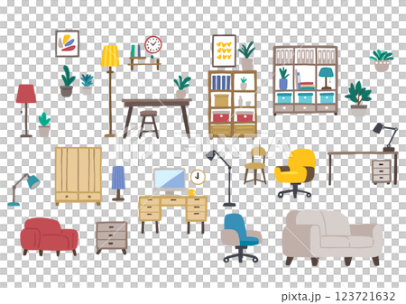 さまざまな手書きの家具のイラスト素材のセット 観葉植物や家具照明など さまざまな手書きの家具のイラスト素材のセット 観葉植物や家具照明など 123721632