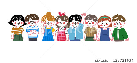 こちらを見て笑っている小学生くらいのかわいい子供達のイラスト 123721634