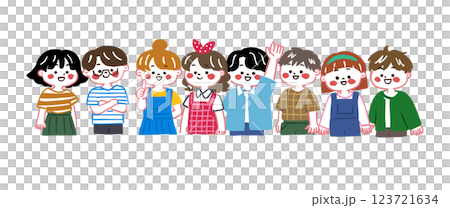 Illustration of cute elementary school children looking at you and smiling Illustration of cute elementary school children looking at you and smiling 123721634
