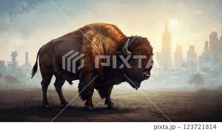都市の夜明けとバッファローの力強い姿 123721814