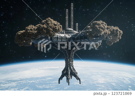 Floating tree city in space showcases futuristic architecture amid the cosmos Floating tree city in space showcases futuristic architecture amid the cosmos 123721869
