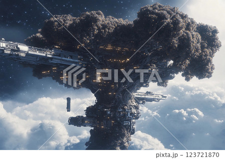 Floating tree city in space showcases futuristic architecture amid the cosmos Floating tree city in space showcases futuristic architecture amid the cosmos 123721870