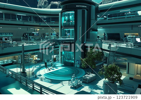 Futuristic hospital interior with advanced technology and sterile environment 123721909