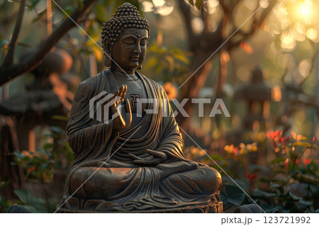 Ancient statue great Buddha on bright holiday composition, abstract vivid composition consists of fictional unreal fantastic vision on background 123721992