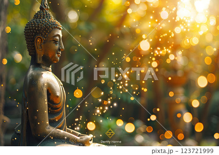 Ancient statue great Buddha on bright holiday composition, abstract vivid composition consists of fictional unreal fantastic vision on background Ancient statue great Buddha on bright holiday composition, abstract vivid composition consists of fictional unreal fantastic vision on background 123721999