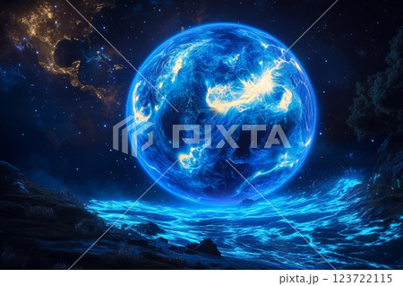 Vivid ocean waves illuminated by a bright azure celestial body at night Vivid ocean waves illuminated by a bright azure celestial body at night 123722115