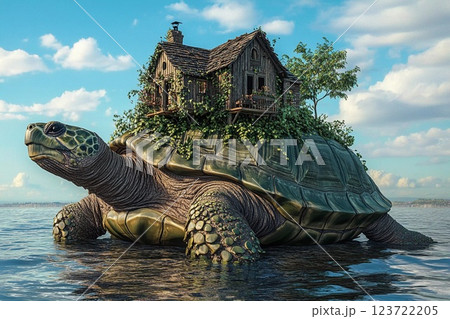 Unique turtle carrying a small house on its back surrounded by misty water on a calm day 123722205