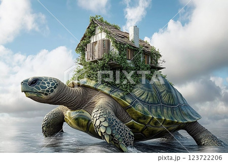 Unique turtle carrying a small house on its back surrounded by misty water on a calm day 123722206