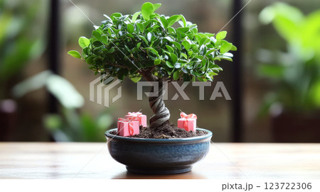 A bonsai tree in a pot with small pink gift boxes around the base. Concept bonsai and gift combination. 123722306