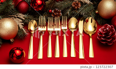 Golden cutlery set arranged on a red background, surrounded by festive decorations. Concept holiday elegance and celebration. 123722307