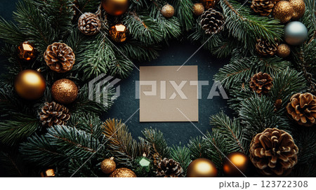 Wreath of pine branches and cones frames a blank card. Concept of festive decoration and holiday greeting. 123722308