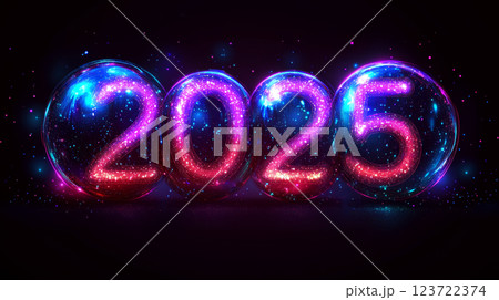 2025 is displayed in glowing, colorful lights on a dark background. Concept signifies future, celebration, and new beginnings. 2025 is displayed in glowing, colorful lights on a dark background. Concept signifies future, celebration, and new beginnings. 123722374