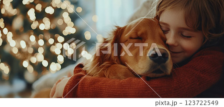 Child hugging a dog warmly in front of a lit tree, both appearing content. Concept of warmth, love, and companionship. Child hugging a dog warmly in front of a lit tree, both appearing content. Concept of warmth, love, and companionship. 123722549