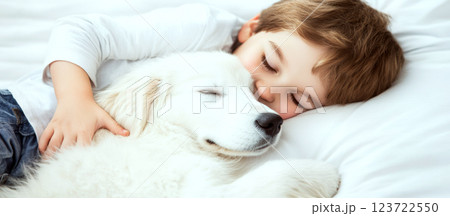 Child cuddles with a sleeping dog on a white bed. Concept of warmth and companionship. 123722550