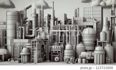 Industrial facility packed with complex structures and towering chimneys emitting smoke. Concept of urban industry and architecture. 123722600
