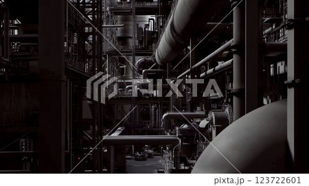 Industrial pipes crisscross in a dimly lit factory. Concept of heavy industry and infrastructure. 123722601