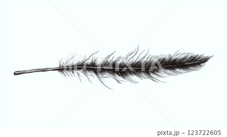 A single black feather lies horizontally on a white background. Concept of simplicity and elegance. 123722605