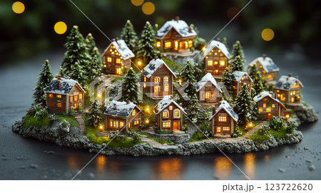 Miniature village houses with snow caps are surrounded by trees with warm lights glowing inside. Concept of cozy winter scene in a miniature model. 123722620