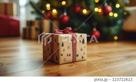 Gift box with festive wrapping sits on wooden floor by decorated tree. Concept: holiday celebration, anticipation. 123722622