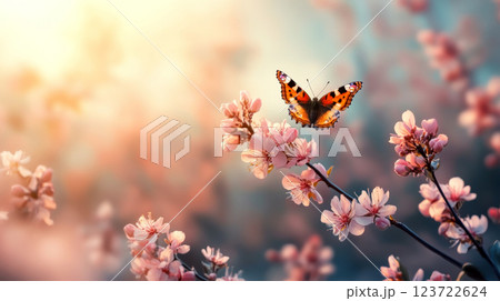 Butterfly perched on pink cherry blossoms basking in warm sunlight. Concept of nature's beauty and tranquility. 123722624