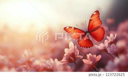 A bright red butterfly flutters above pink blossoms in soft light. Concept of beauty and tranquility. 123722625
