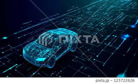 A digital wireframe car moves over a futuristic circuit board background. Concept of technology and innovation in transportation. 123722626