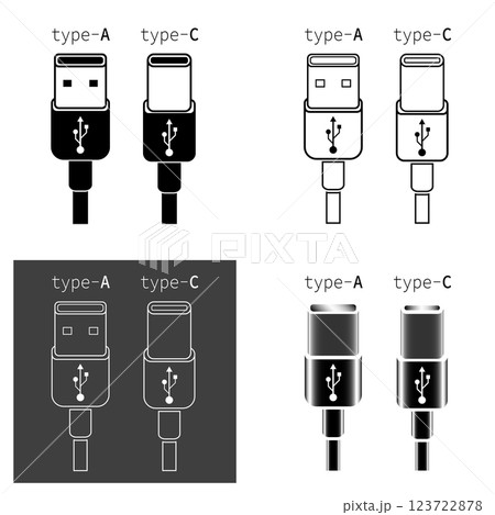 Various USB connector types including Type A and Type C icons in vector format Various USB connector types including Type A and Type C icons in vector format 123722878