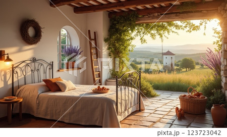 Cozy bedroom with rustic decor and scenic countryside view at sunset 123723042