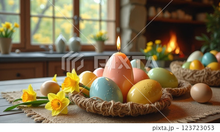 Colorful Easter eggs and spring flowers adorn a cozy room with a fireplace 123723053