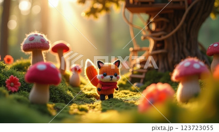Cute knitted fox character exploring a vibrant forest with colorful mushrooms at sunset 123723055