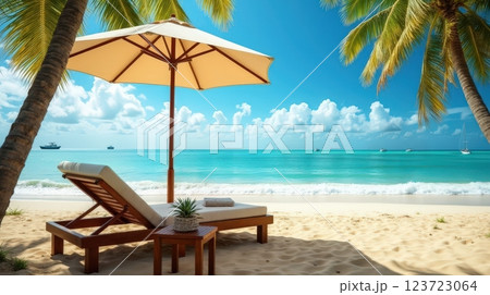 Relaxing under a sunny umbrella on a tropical beach with clear blue waters and white sand Relaxing under a sunny umbrella on a tropical beach with clear blue waters and white sand 123723064