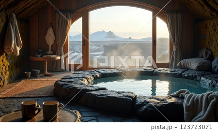 Relaxing in a cozy Icelandic turf house with a serene mountain view at sunset Relaxing in a cozy Icelandic turf house with a serene mountain view at sunset 123723071