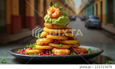 Cuban tostones served with shrimp and guacamole in a vibrant street setting Cuban tostones served with shrimp and guacamole in a vibrant street setting 123723076