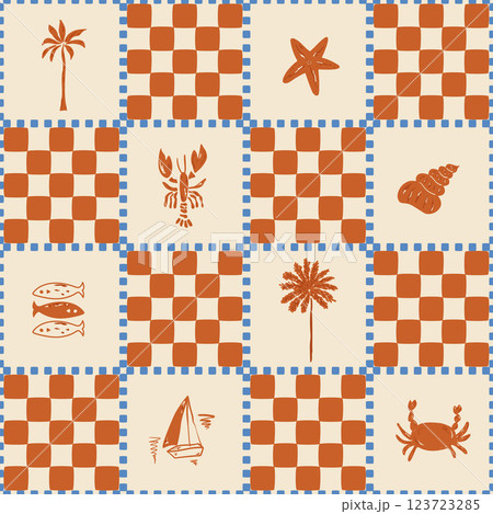 Brown checkered summer beach seamless pattern. Tropical palm tree, lobster, fish, boat, seashell. Vector geometric print 123723285