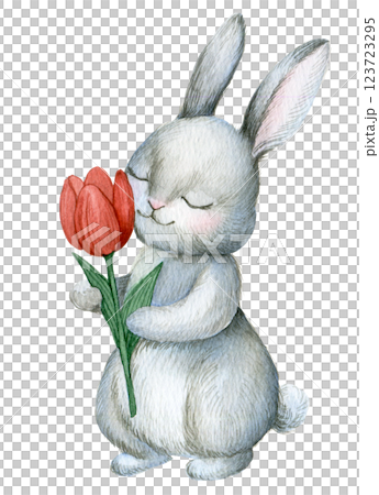 cute bunny with tulip flowers. watercolor illustration for easter holiday, bunny with spring flowers 123723295