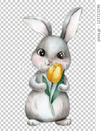 cute bunny with tulip flowers. watercolor illustration for easter holiday, bunny with spring flowers 123723296