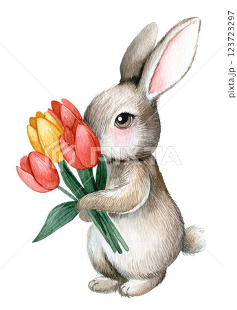 cute bunny with tulip flowers. watercolor illustration for easter holiday, bunny with spring flowers 123723297