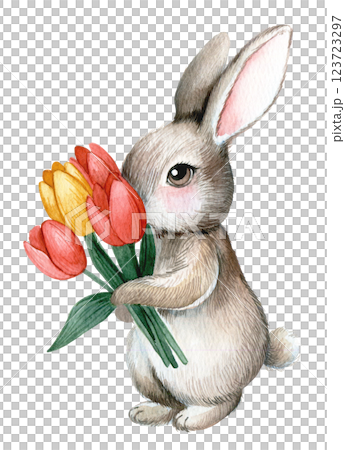 cute bunny with tulip flowers. watercolor illustration for easter holiday, bunny with spring flowers 123723297