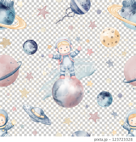 Seamless watercolor Space pattern with cute Astronaut floating among planets, stars, and spaceships. illustration of Cosmos Background with celestial elements for childish wallpaper or bed linen. Seamless watercolor Space pattern with cute Astronaut floating among planets, stars, and spaceships. illustration of Cosmos Background with celestial elements for childish wallpaper or bed linen. 123723328