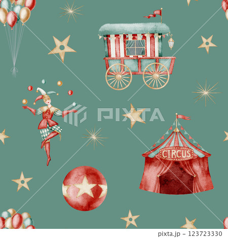Watercolor Circus pattern on a green background. Illustration of Carnival backdrop with clown juggling, wagon, tent and colorful balloons. Ornament for nursery wallpaper or kids childish paper. Watercolor Circus pattern on a green background. Illustration of Carnival backdrop with clown juggling, wagon, tent and colorful balloons. Ornament for nursery wallpaper or kids childish paper. 123723330