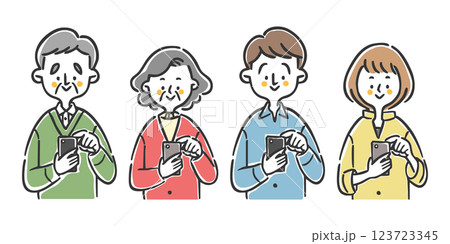 スマホを操作する二世帯家族　上半身　ベクター 123723345