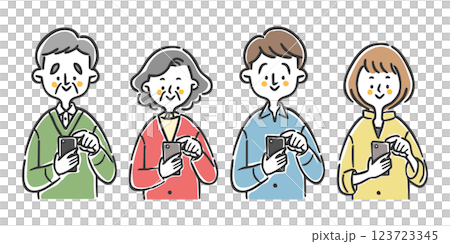 スマホを操作する二世帯家族　上半身　ベクター 123723345