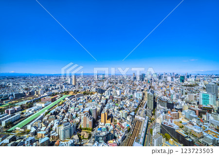 日本の東京都市景観 富士山が見える珍景・新風景。渋谷のビル群や新宿、電車、山々、男体山も 日本の東京都市景観 富士山が見える珍景・新風景。渋谷のビル群や新宿、電車、山々、男体山も 123723503