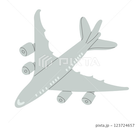 Minimalist illustration of a large commercial airplane in a monochrome style, viewed from an angled perspective. Vector drawing isolated on white background 123724657