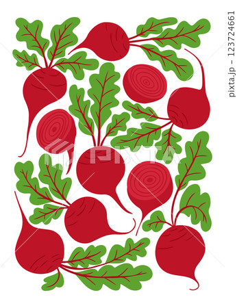 Colorful poster of fresh red beetroots with green leaves, including whole and sliced beets, arranged in a decorative pattern 123724661