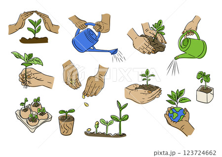 Collection of hand drawn illustrations depicting hands planting, watering, and caring for seedlings, symbolizing growth, sustainability, and environmental care. Vector doodle illustration isolated 123724662